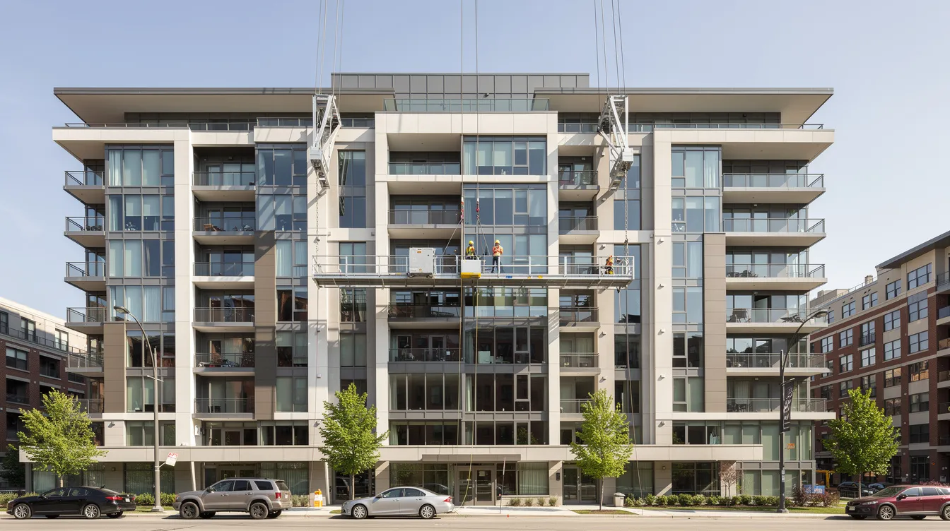 A wide view of a condominium building shows gondola equipment installed along its façade for a periodic façade inspection, ensuring the safety and integrity of the building's exterior elements. This inspection is crucial for building owners to identify any visible defects and implement necessary safety measures as part of the BCA periodic façade inspection process.