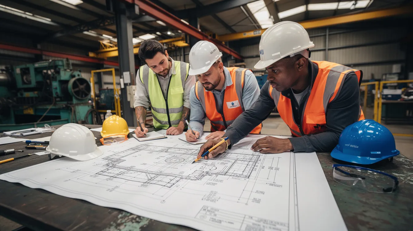 A group of engineers is gathered around a table in an industrial setting, reviewing structural drawings and machine layout plans, emphasizing the importance of understanding foundations and engineering techniques for successful project execution. The scene highlights collaboration and attention to detail in the context of building safety and design.