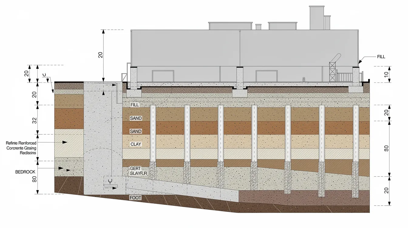 This cross-section diagram illustrates the various soil layers beneath an industrial facility, highlighting the retaining wall and ground improvement columns designed to enhance soil stability and bearing capacity. It serves as an engineering solution to address potential risks such as differential settlement and erosion, critical for ensuring the integrity of the structure during construction and throughout its life.