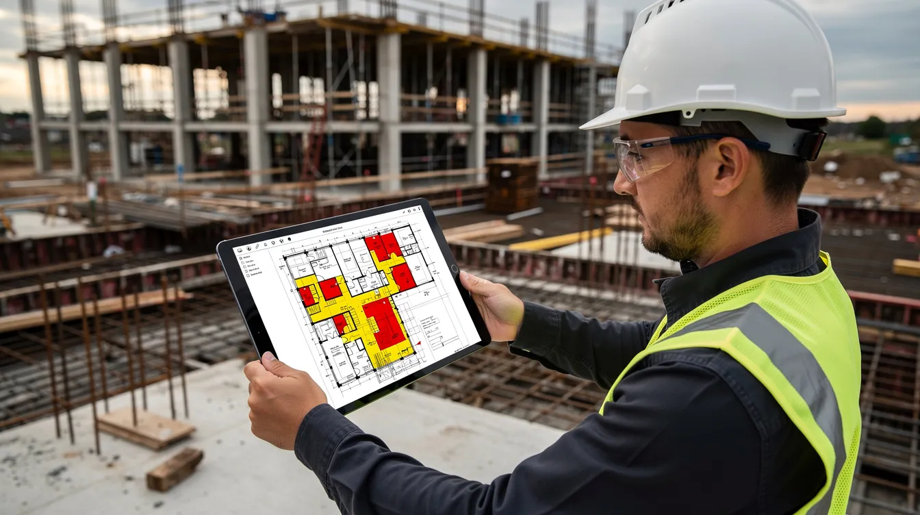 An engineer is intently reviewing structural drawings and defect maps on a digital tablet at a condominium construction site in Singapore. The image captures the critical planning phase of development, where buyers are keenly interested in the price and availability of bigger units and apartments for sale in the competitive market.