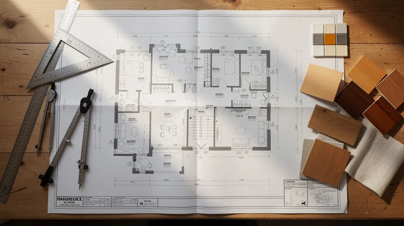 The image depicts an architectural floor plan laid out on a table, surrounded by measurement tools and sample materials, indicative of the office renovation process. This scene highlights the importance of space planning and design development in project management for office fit outs.