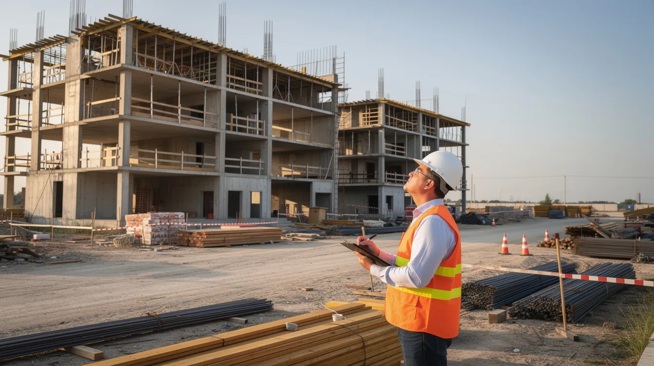 A professional construction inspector is examining a partially constructed residential building, where visible formwork and reinforcement materials indicate ongoing building works. This inspection is crucial for ensuring compliance with the building control act and the approved plans, as well as assessing the structural integrity of the general building and specialist building works.
