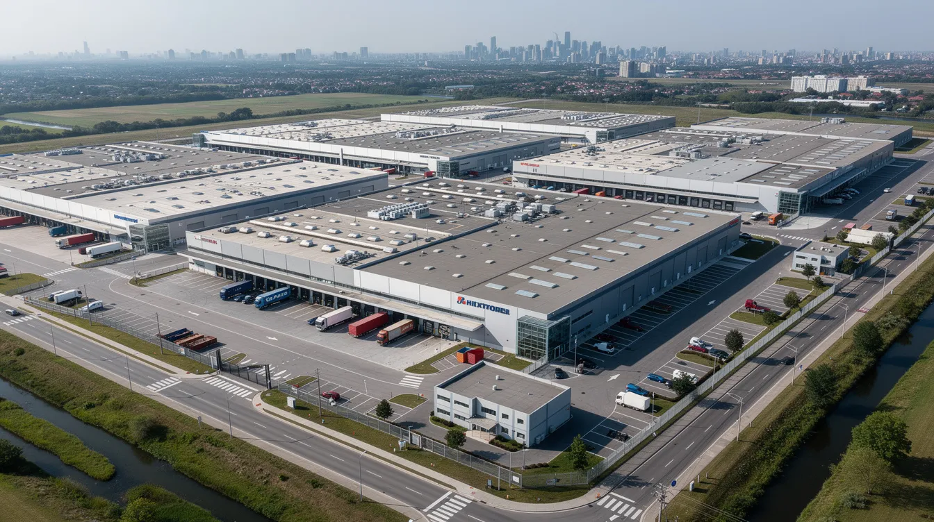 An aerial view of an industrial estate showcases multiple factory buildings and extension structures, highlighting the diverse business operations within the area. This scene reflects the importance of compliance with BCA regulations and safety standards in the building and construction industry in Singapore.