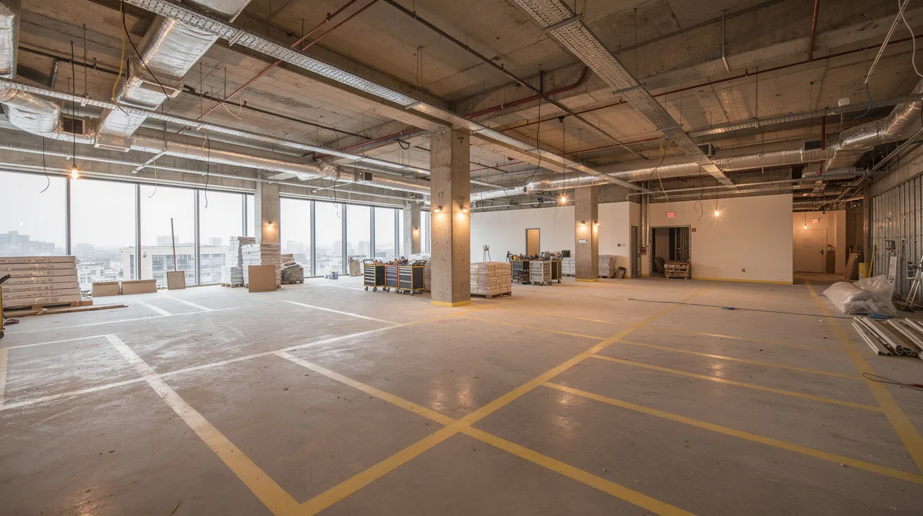 The image depicts an open office space currently under construction, featuring exposed ceiling services and marked flooring, indicating the layout planning for future furniture installation. This office renovation project reflects the early stages of the office fit out process, where project management plays a crucial role in ensuring operational efficiency and adherence to the project timeline.