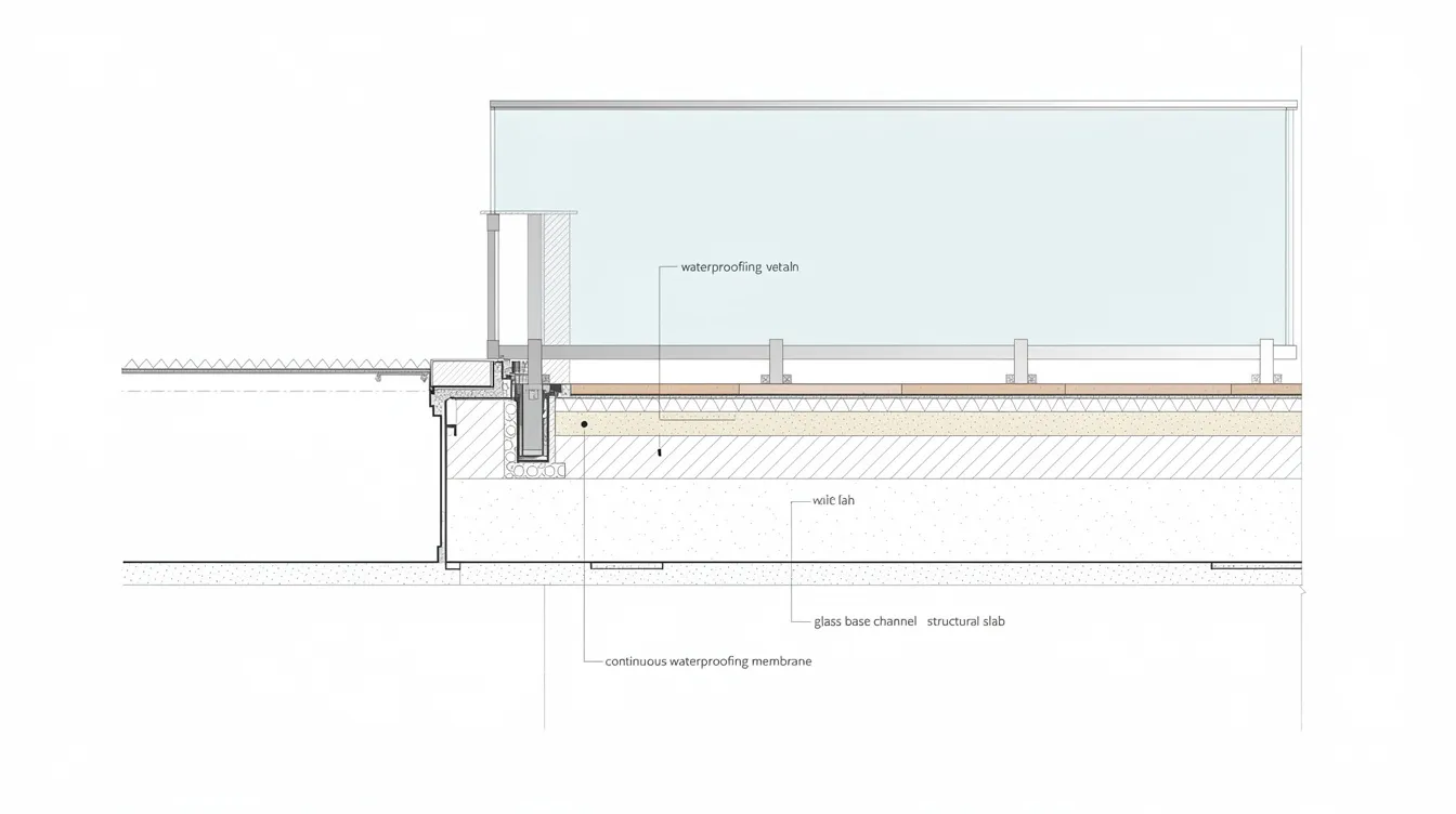 The image depicts a section diagram illustrating the layers of a balcony edge, including a waterproofing membrane, screed layer, tile finish, and a glass base channel. This detailed design drawing emphasizes the importance of accurate dimensions and planning ahead to avoid common mistakes that could lead to costly rework during installation.