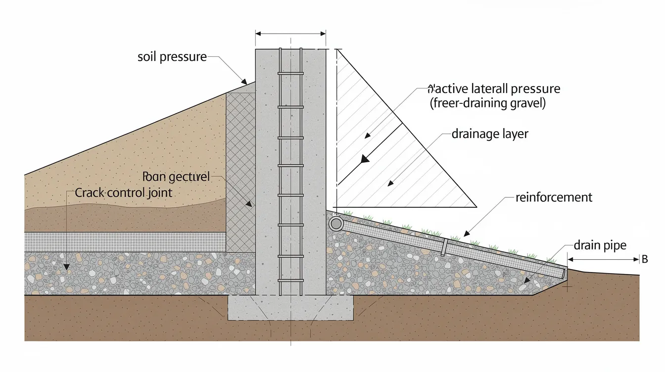 The image depicts a cross-section diagram of a retaining wall, illustrating the soil pressure, drainage layers, and structural reinforcement. This detailed representation is essential for construction plans, ensuring compliance with regulations and the endorsement process required by professional engineers for renovation projects.