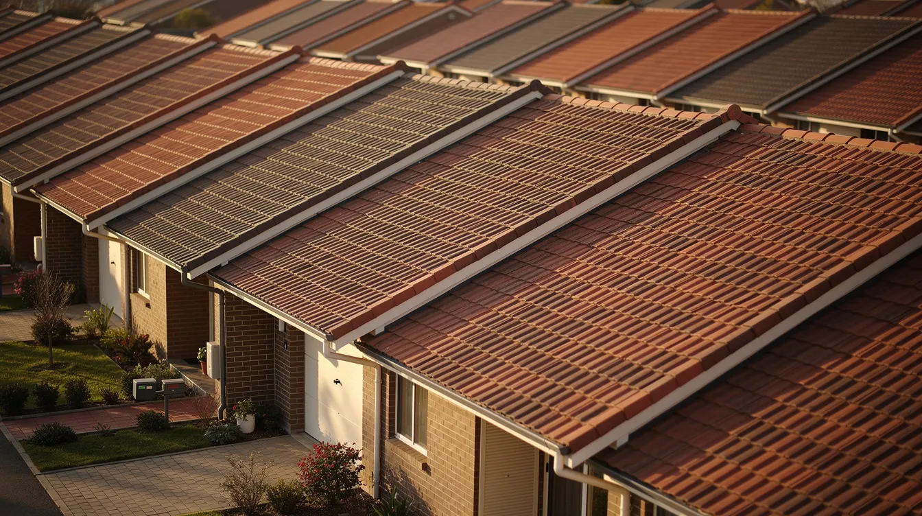 The image depicts a row of terrace houses featuring pitched tile roofs, showcasing their ridge lines and valley gutters, which are essential for effective roof drainage. This roof structure is designed to withstand heavy rainfall, particularly during Singapore's monsoon season, ensuring proper waterproofing to prevent leaks and potential water damage.