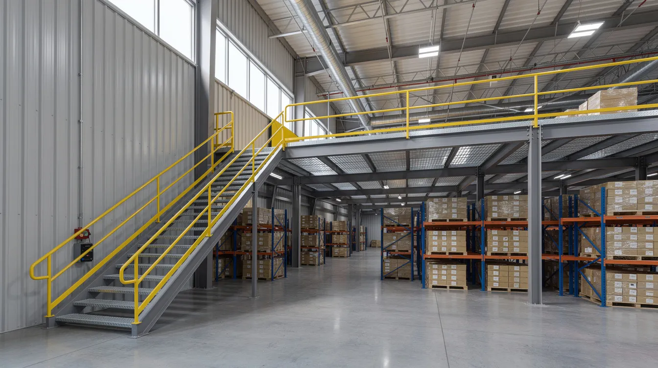 The image depicts the interior of an industrial warehouse featuring a steel mezzanine floor supported by a staircase and extensive shelving units. This mezzanine structure enhances the usable floor space for storage and office purposes while adhering to fire safety regulations and building control standards.
