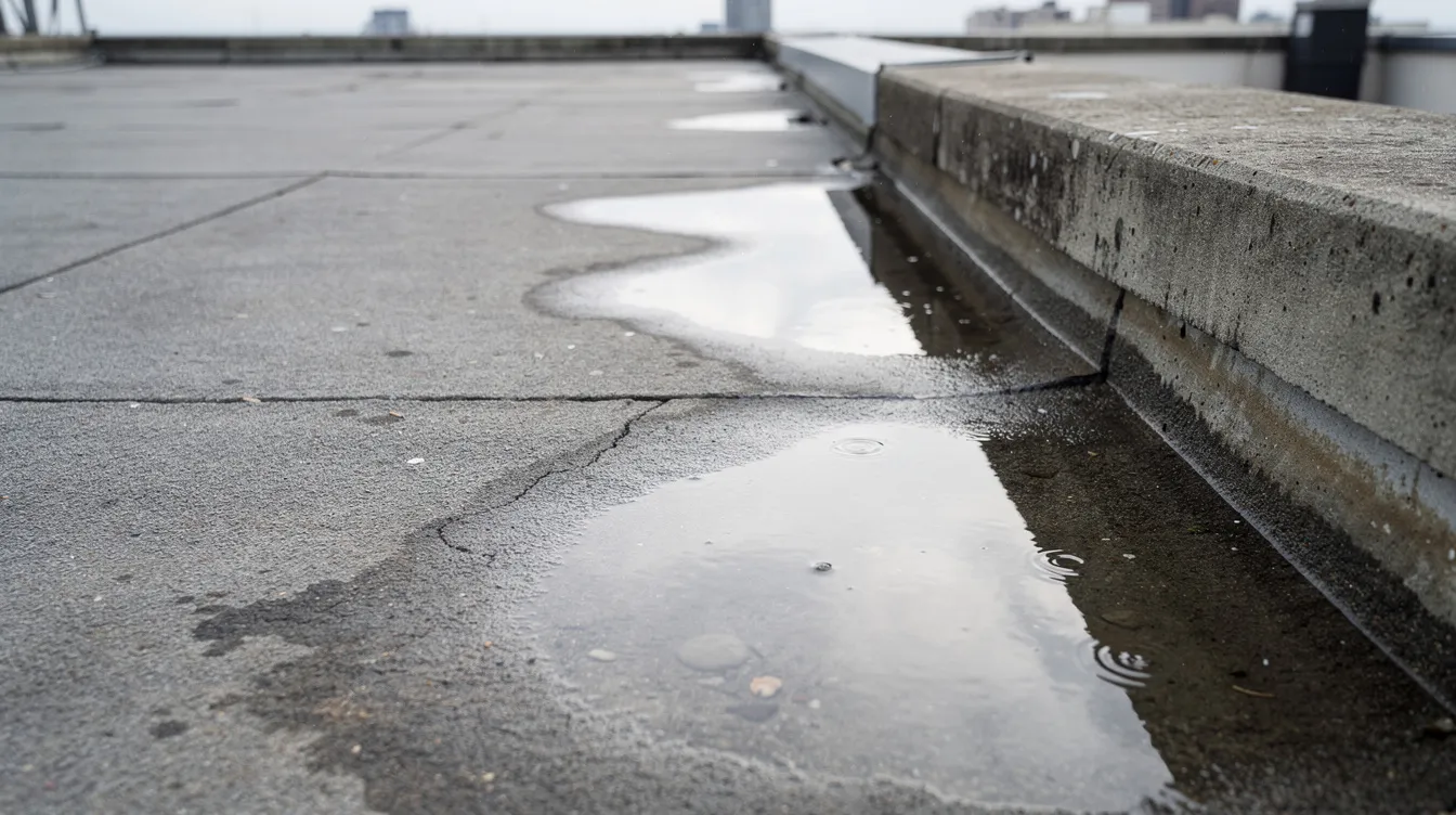 A close-up view of a flat concrete roof terrace shows visible water ponding near the parapet edge, highlighting potential vulnerabilities in the roof structure. This standing water may indicate issues with roof drainage outlets and could lead to costly repairs if not addressed, especially during heavy monsoon rains.